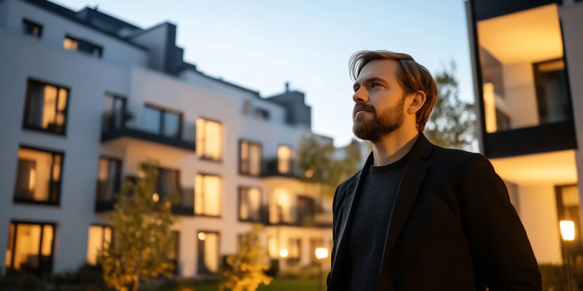 Uomo davanti a un moderno complesso residenziale che osserva gli appartamenti al tramonto