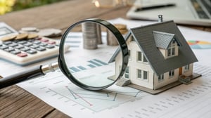 Model house with a magnifying glass over financial documents for real estate analysis